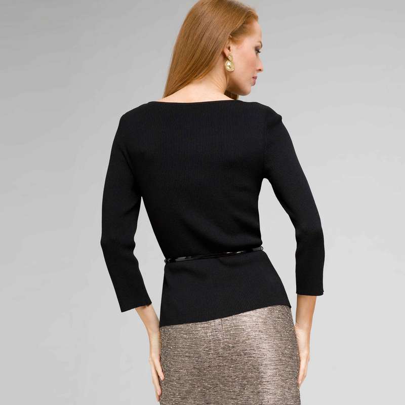 Belted Ribbed Boat Neck Sweater, Black, large image number 1